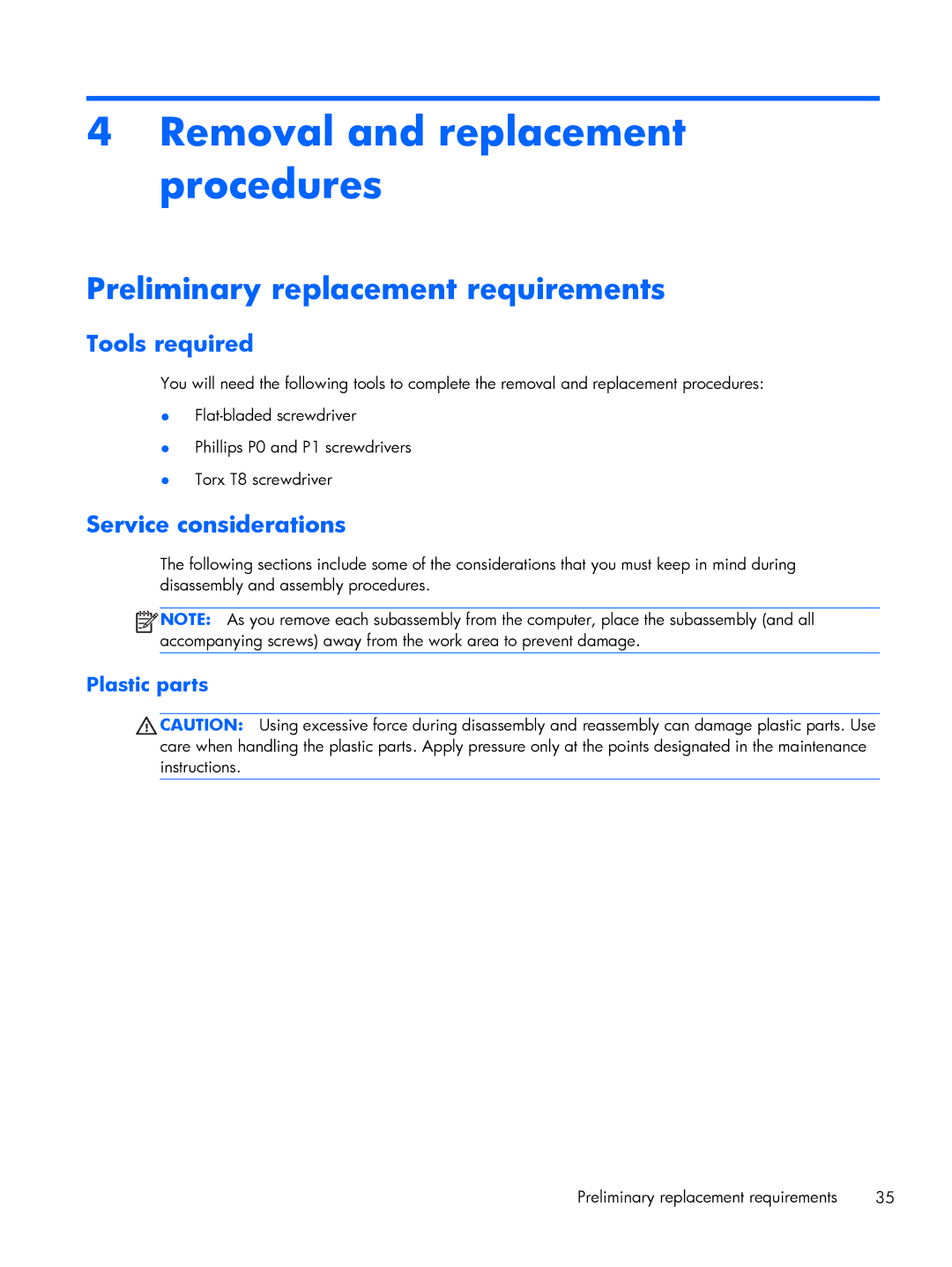 HP 2760p Removal and replacement procedures, Preliminary replacement requirements, Tools required, Service considerations 