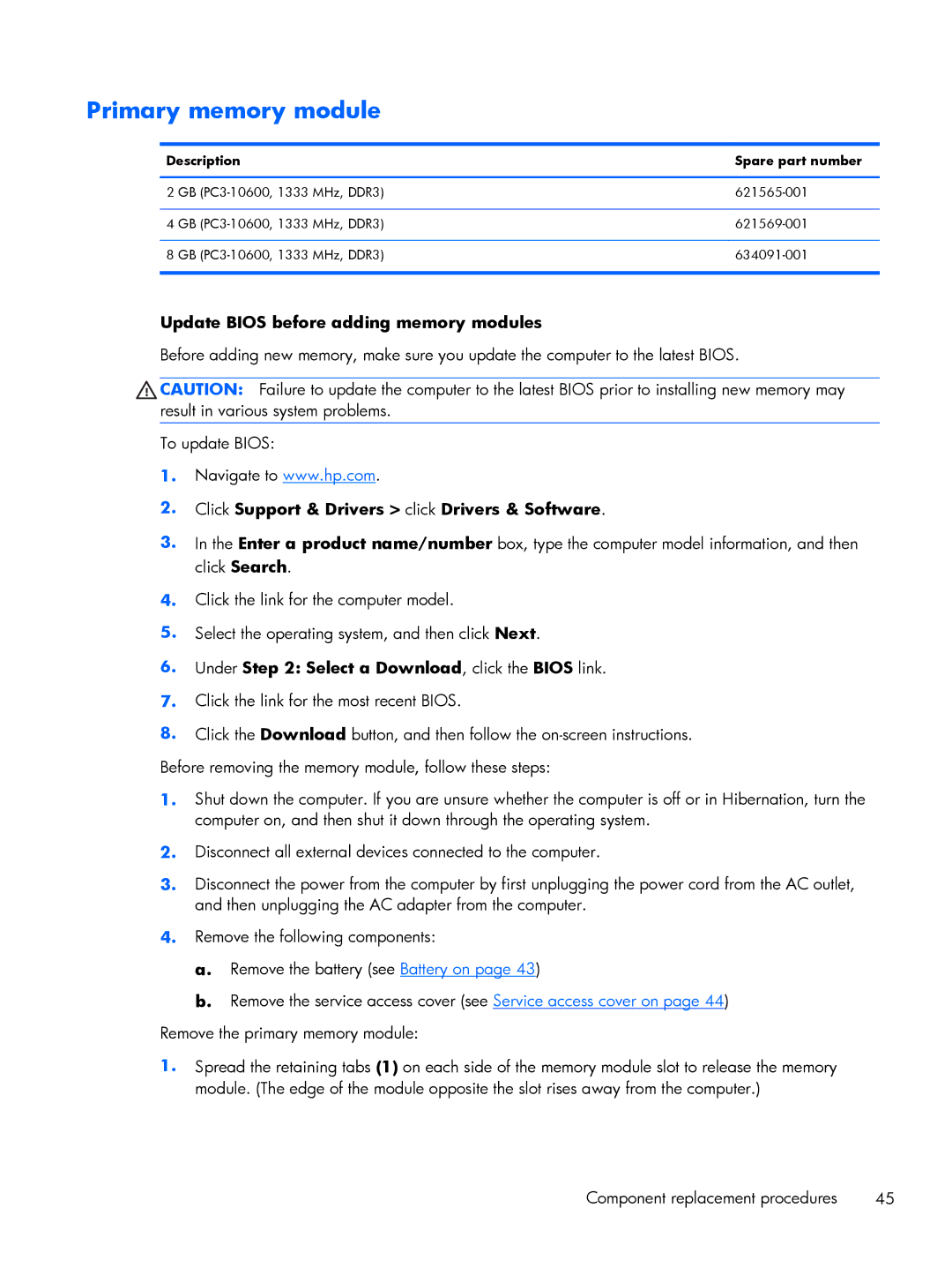 HP 2760p manual Primary memory module, Update Bios before adding memory modules 