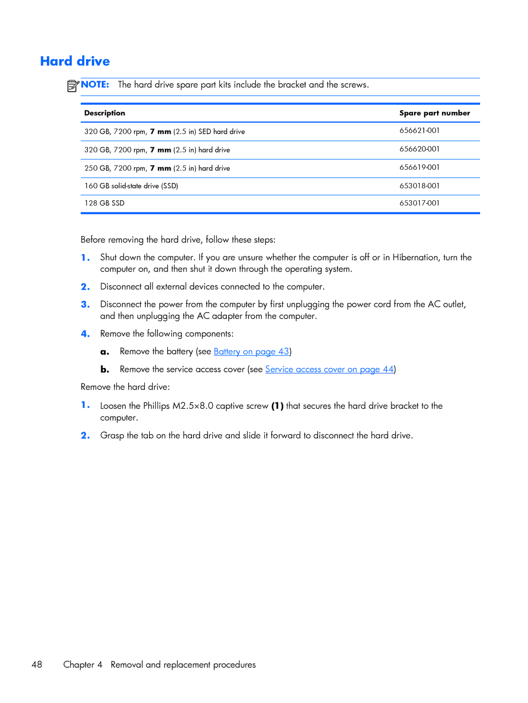 HP 2760p manual Hard drive, Description Spare part number 