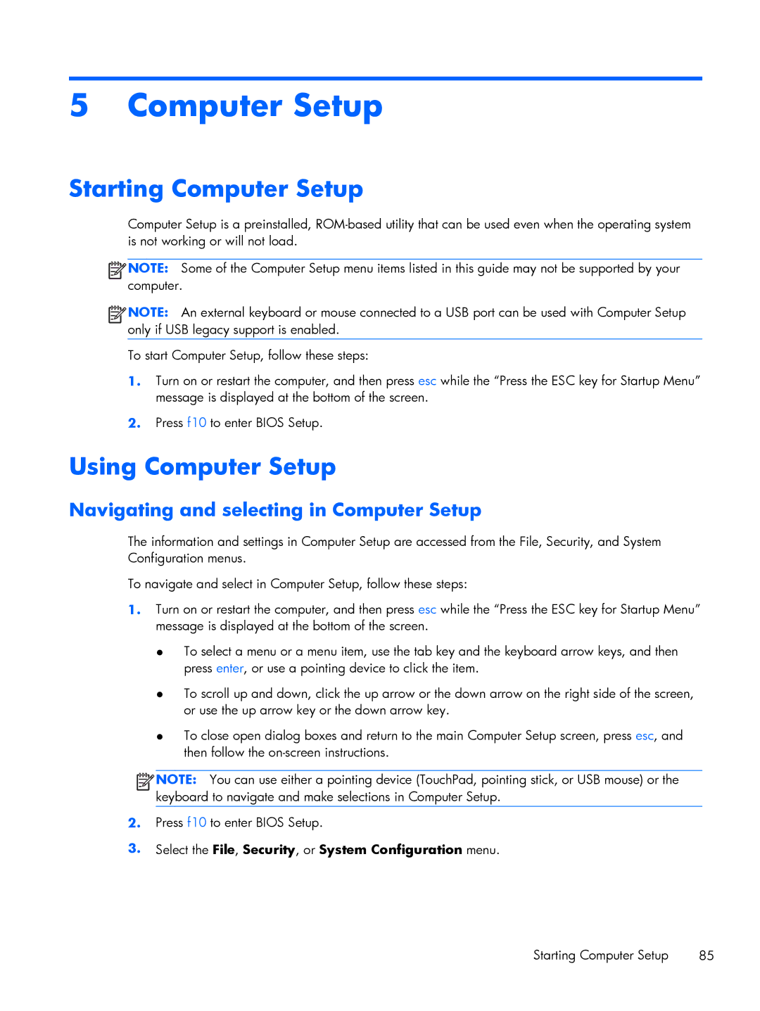 HP 2760p manual Starting Computer Setup, Using Computer Setup, Navigating and selecting in Computer Setup 