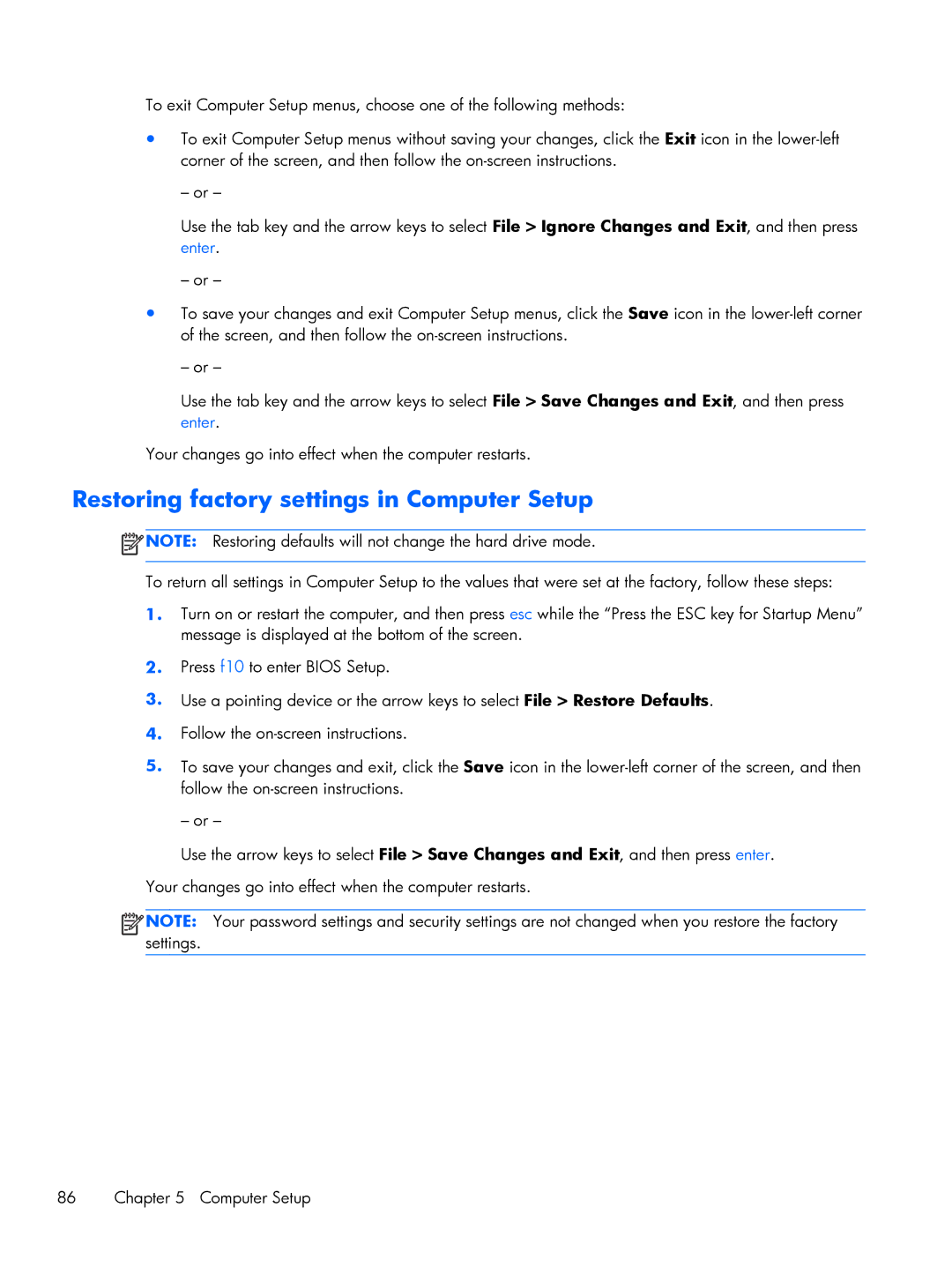 HP 2760p manual Restoring factory settings in Computer Setup 