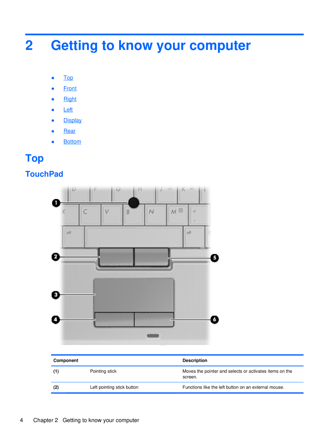 HP 2760p manual Getting to know your computer, Top, TouchPad 