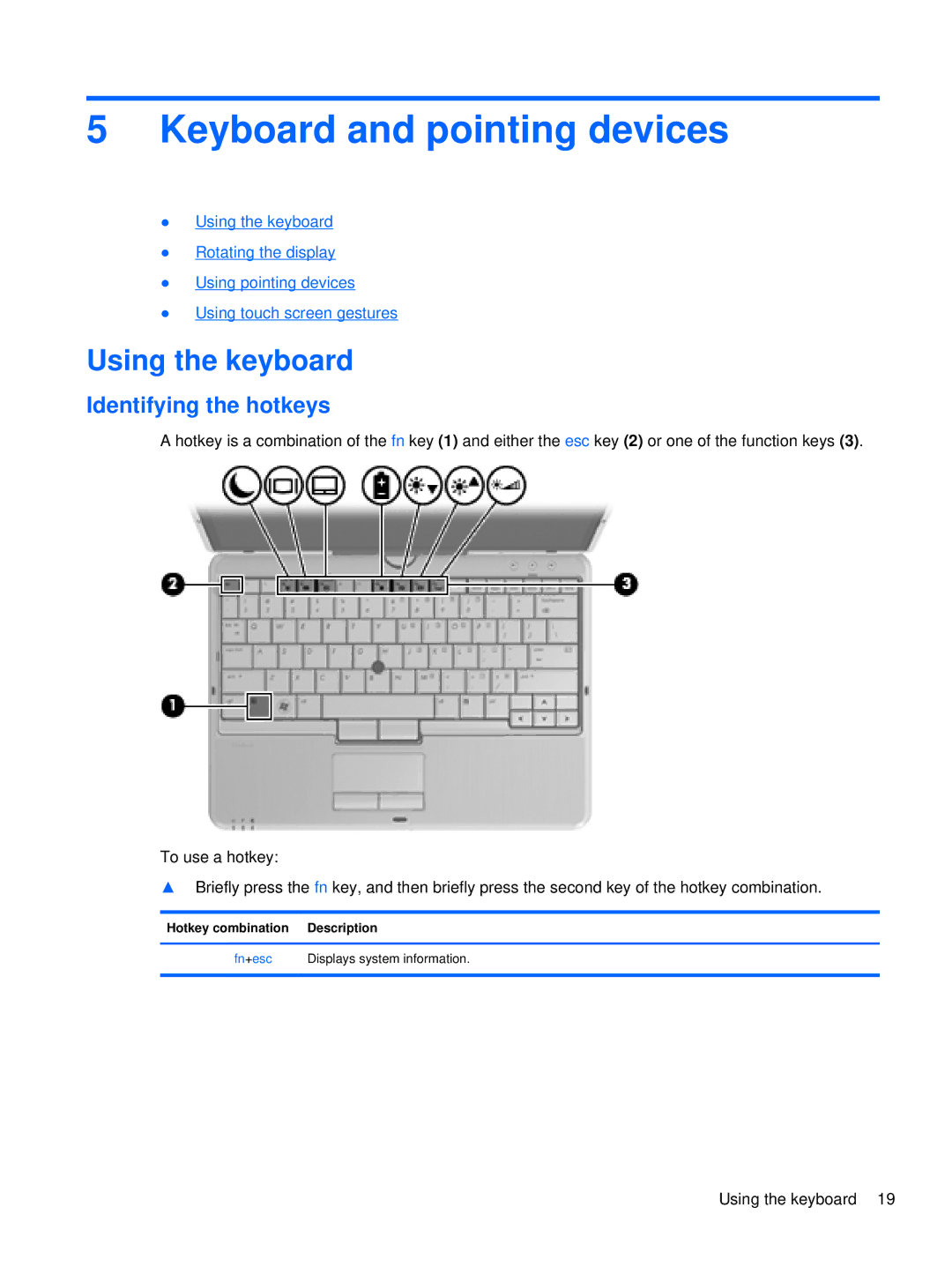 HP 2760p manual Keyboard and pointing devices, Using the keyboard, Identifying the hotkeys 