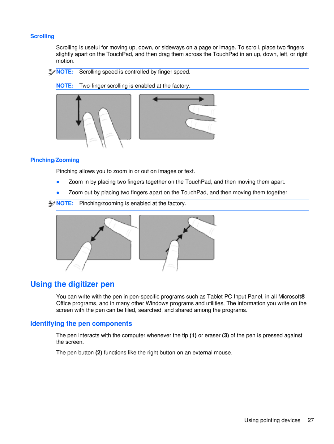 HP 2760p manual Using the digitizer pen, Identifying the pen components 