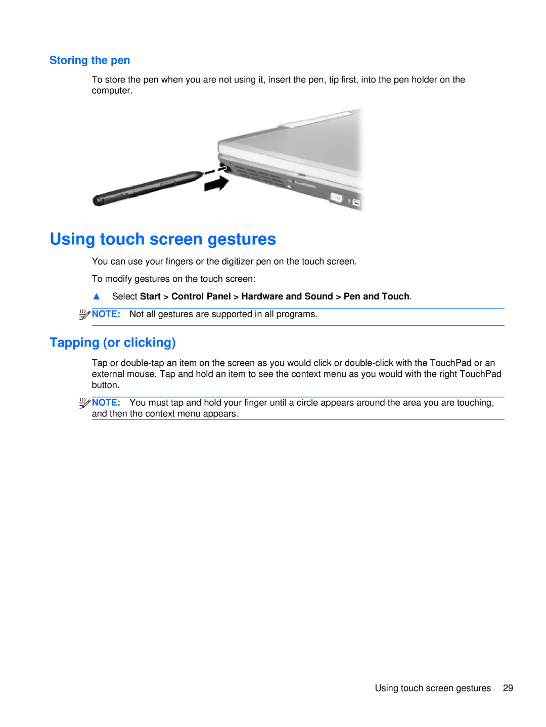 HP 2760p manual Using touch screen gestures, Tapping or clicking, Storing the pen 