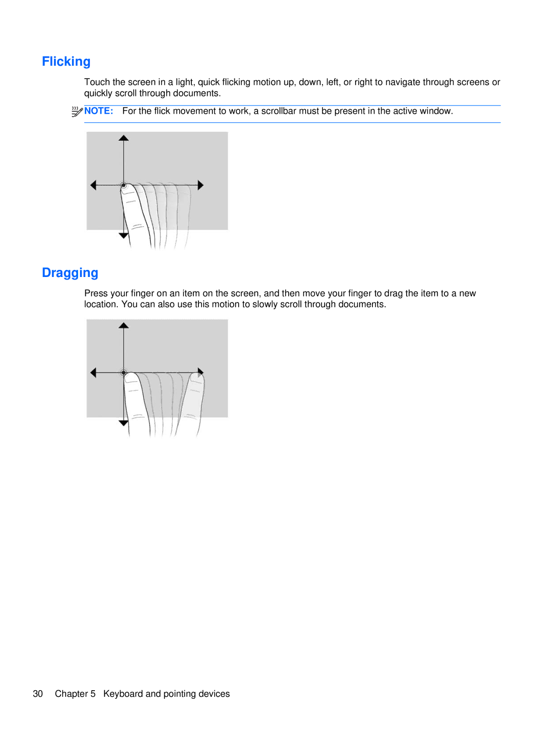 HP 2760p manual Flicking, Dragging 