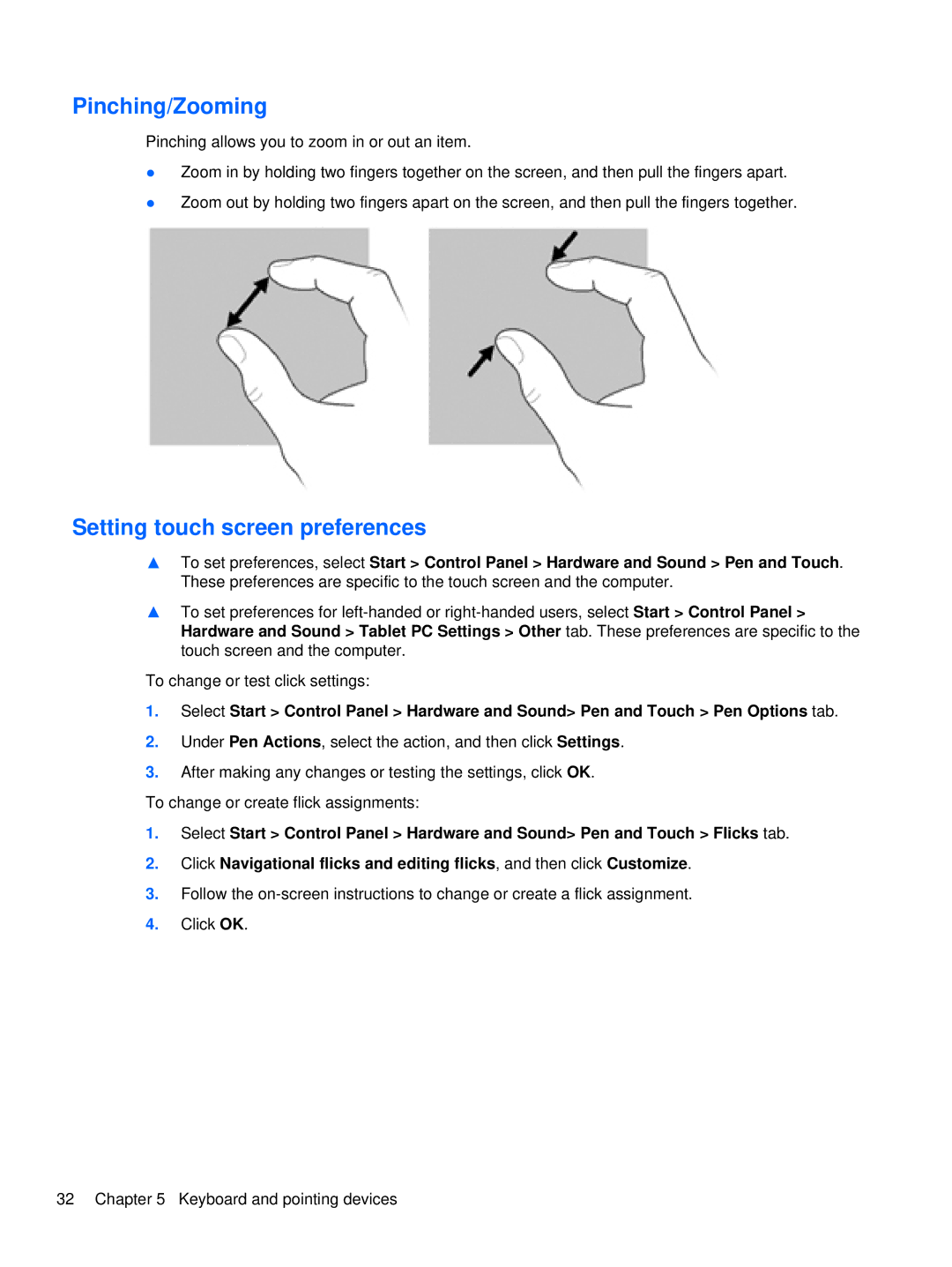 HP 2760p manual Pinching/Zooming, Setting touch screen preferences 