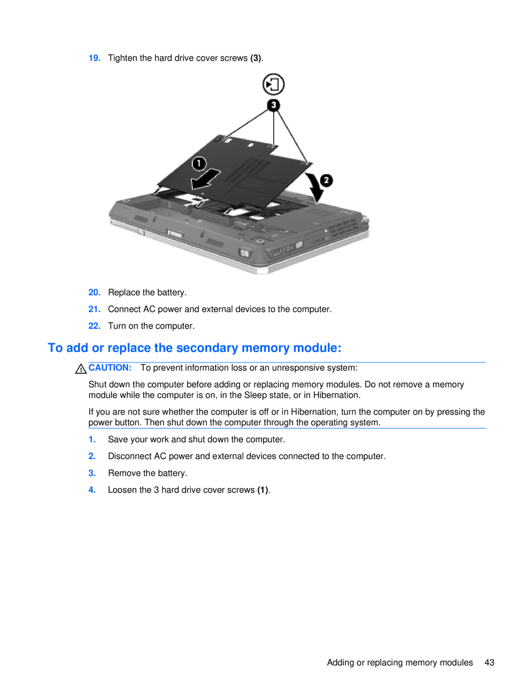 HP 2760p manual To add or replace the secondary memory module 