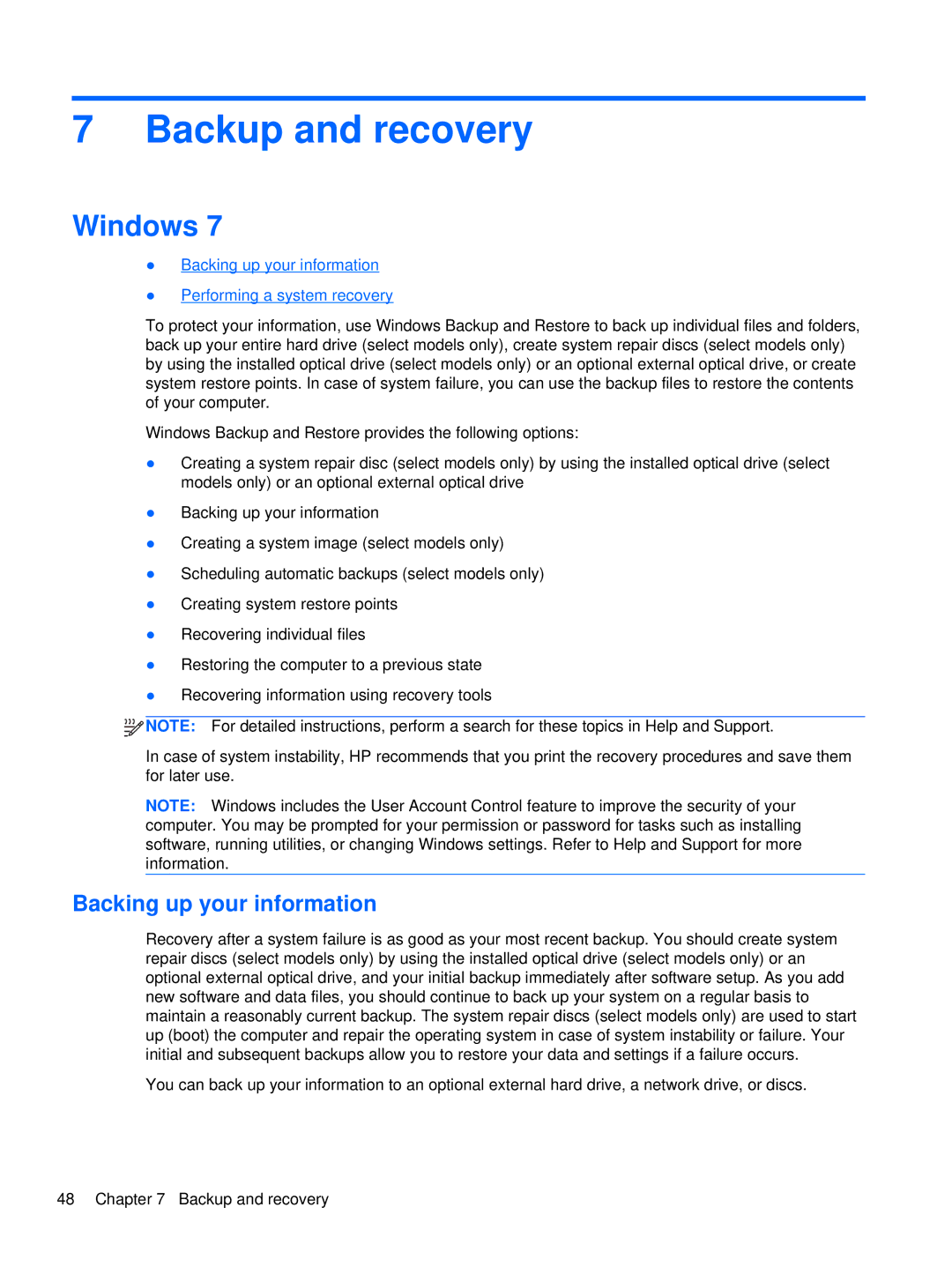 HP 2760p manual Backup and recovery, Windows, Backing up your information 