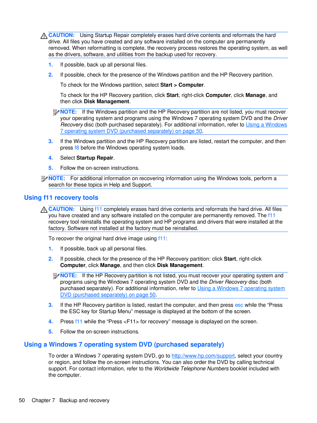 HP 2760p manual Using f11 recovery tools, Using a Windows 7 operating system DVD purchased separately 