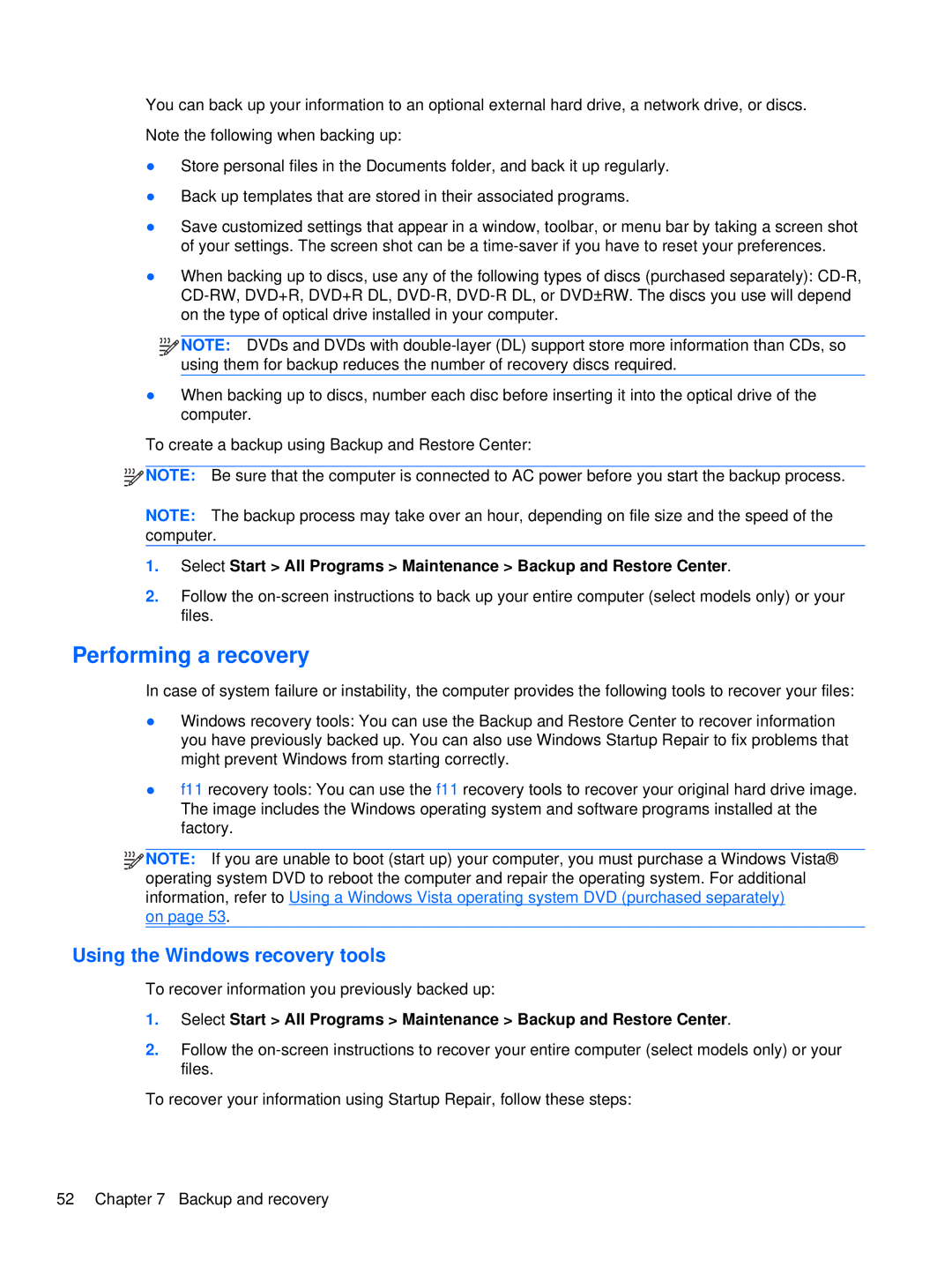 HP 2760p manual Performing a recovery, Using the Windows recovery tools 