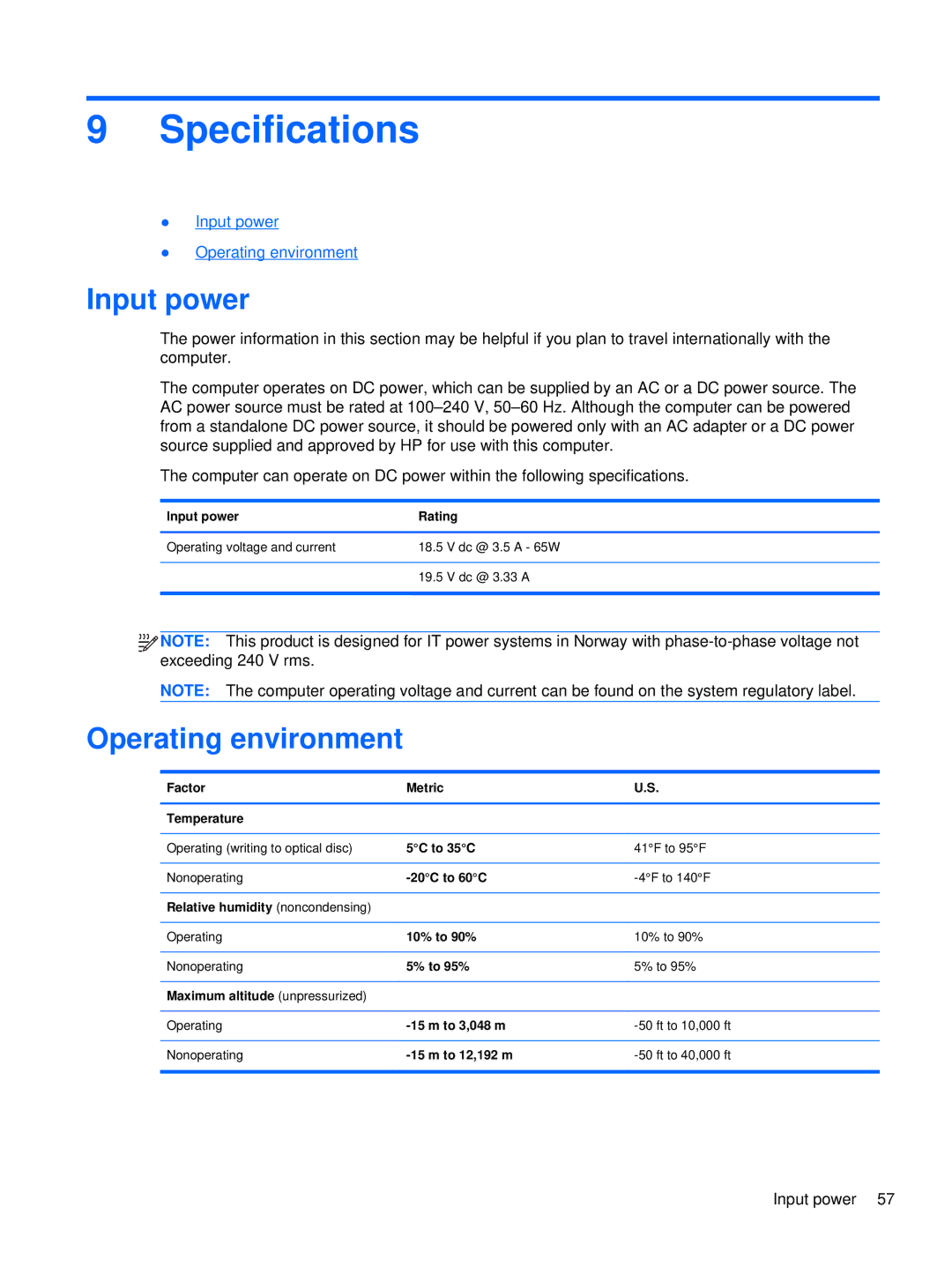 HP 2760p manual Specifications, Input power, Operating environment 