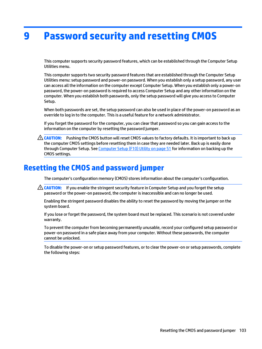 HP 280 G1 manual Password security and resetting Cmos, Resetting the Cmos and password jumper 