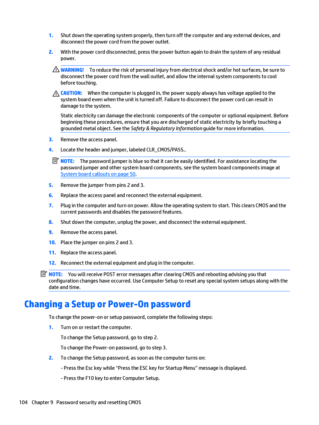 HP 280 G1 manual Changing a Setup or Power-On password 