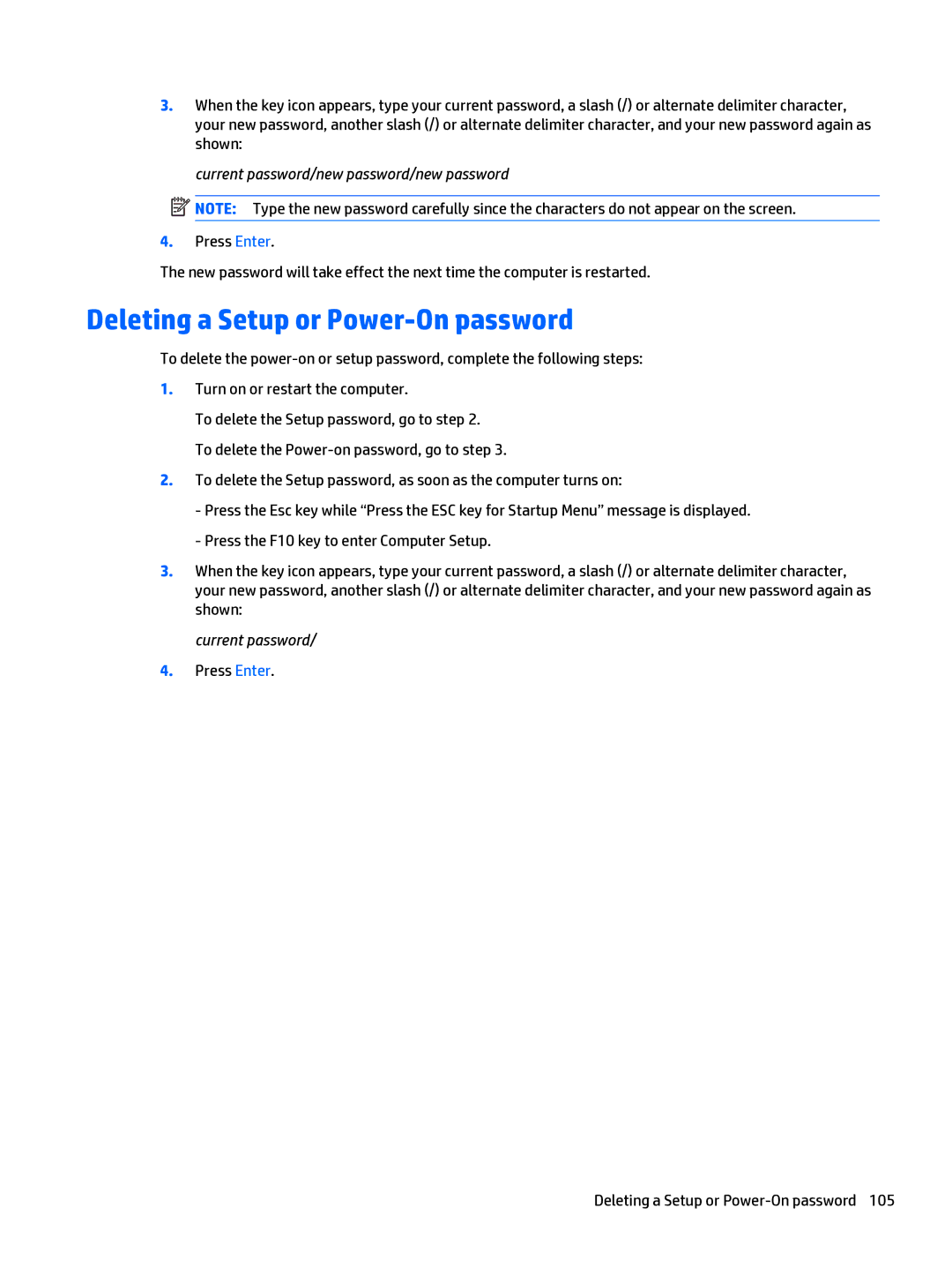 HP 280 G1 manual Press Enter Deleting a Setup or Power-On password 