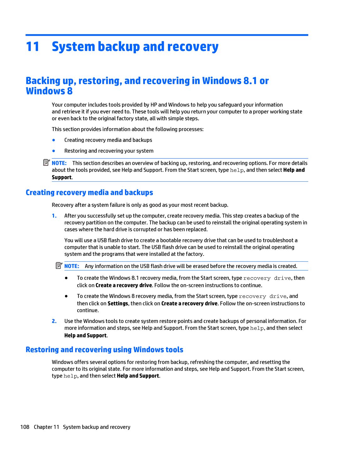 HP 280 G1 System backup and recovery, Creating recovery media and backups, Restoring and recovering using Windows tools 