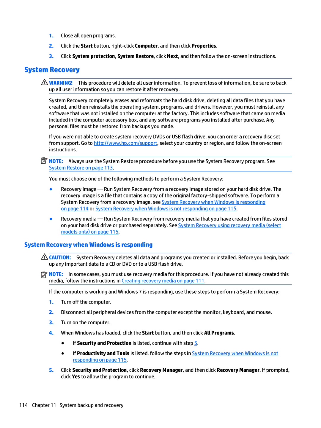 HP 280 G1 manual System Recovery when Windows is responding 