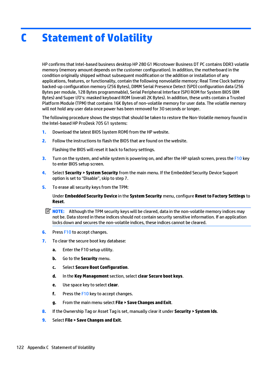 HP 280 G1 manual Appendix C Statement of Volatility 