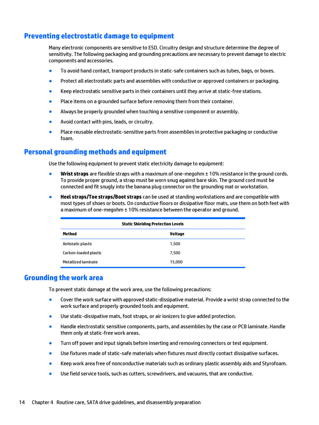 HP 280 G1 Preventing electrostatic damage to equipment, Personal grounding methods and equipment, Grounding the work area 