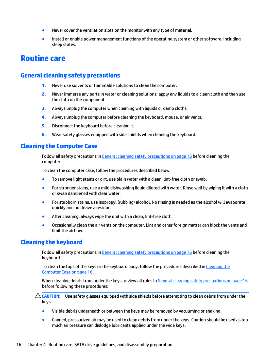 HP 280 G1 manual Routine care, General cleaning safety precautions, Cleaning the Computer Case, Cleaning the keyboard 