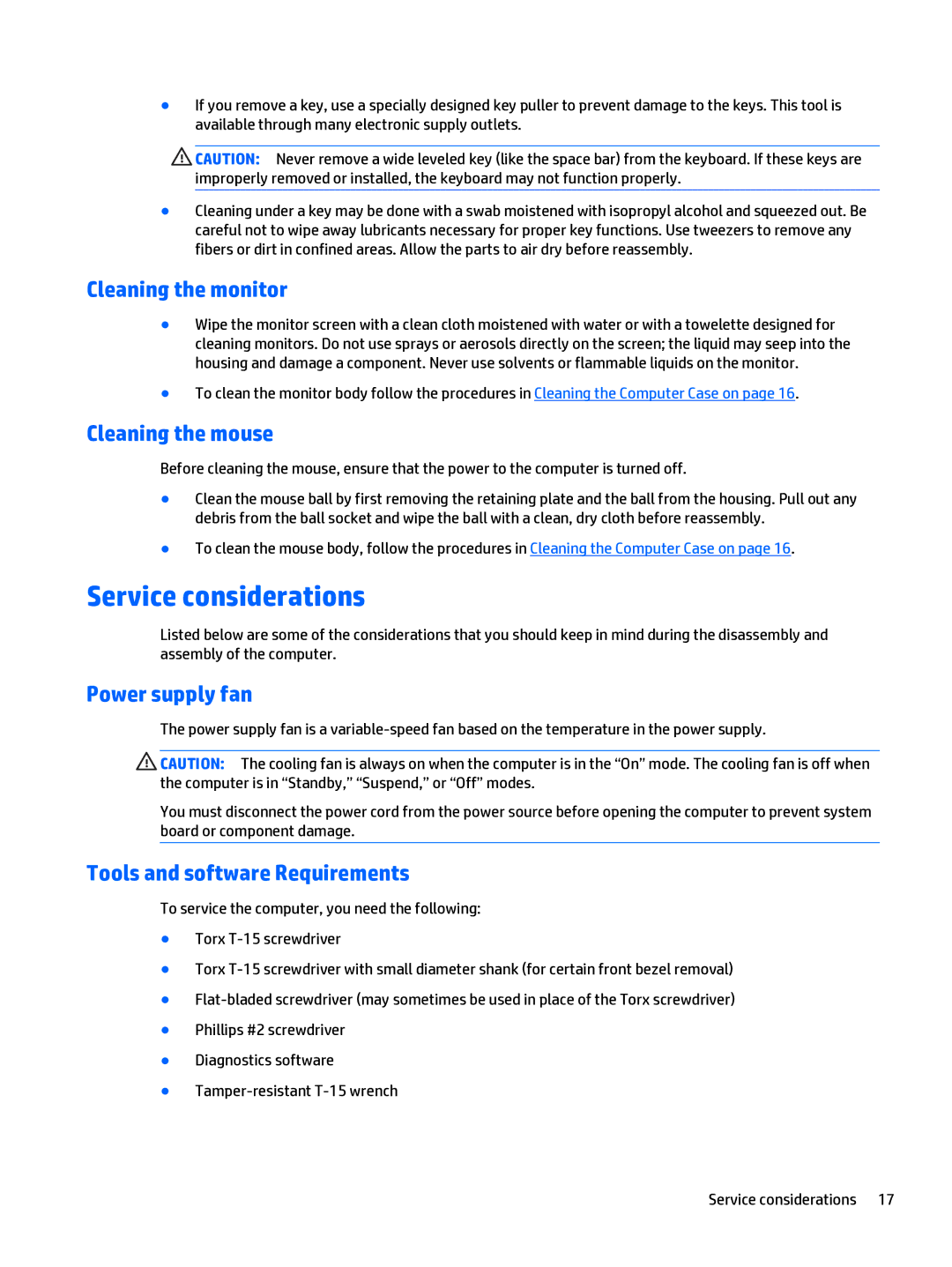 HP 280 G1 manual Service considerations, Cleaning the monitor, Cleaning the mouse, Power supply fan 