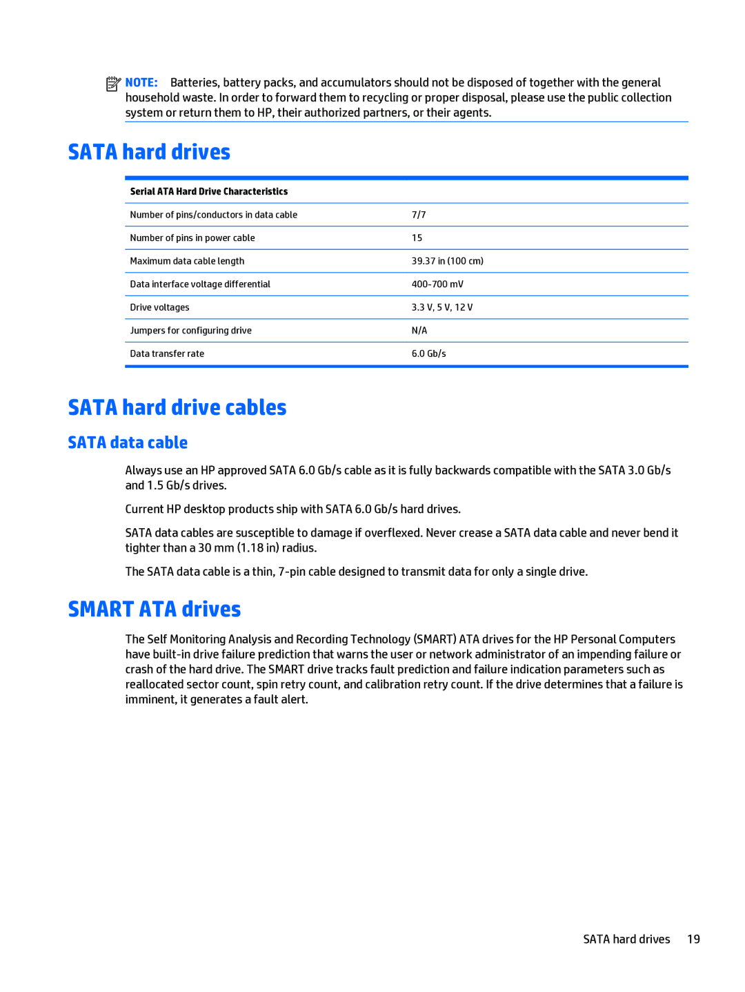 HP 280 G1 manual Sata hard drives, Sata hard drive cables, Smart ATA drives, Sata data cable 