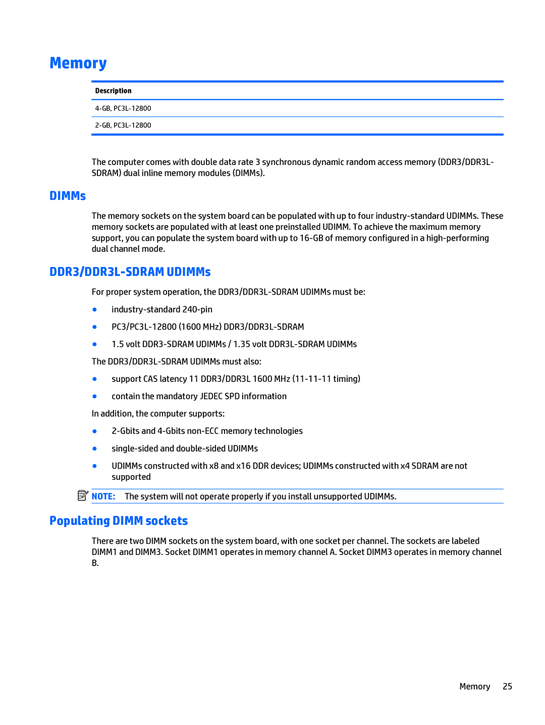 HP 280 G1 manual Memory, DDR3/DDR3L-SDRAM UDIMMs, Populating Dimm sockets, GB, PC3L-12800 