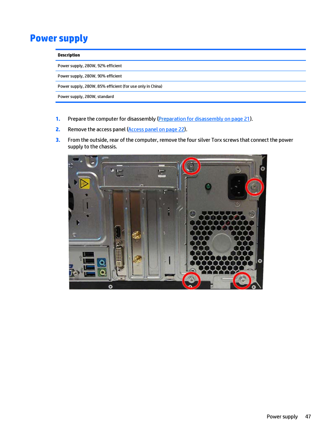 HP 280 G1 manual Power supply, Description 