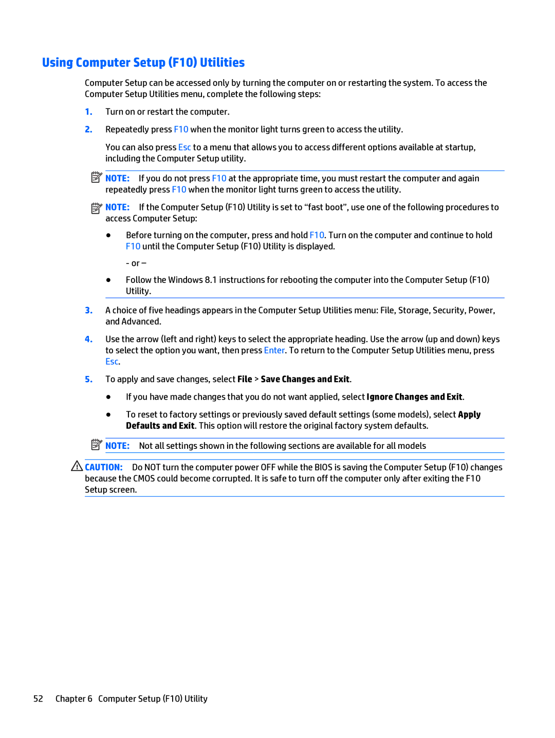 HP 280 G1 manual Using Computer Setup F10 Utilities 