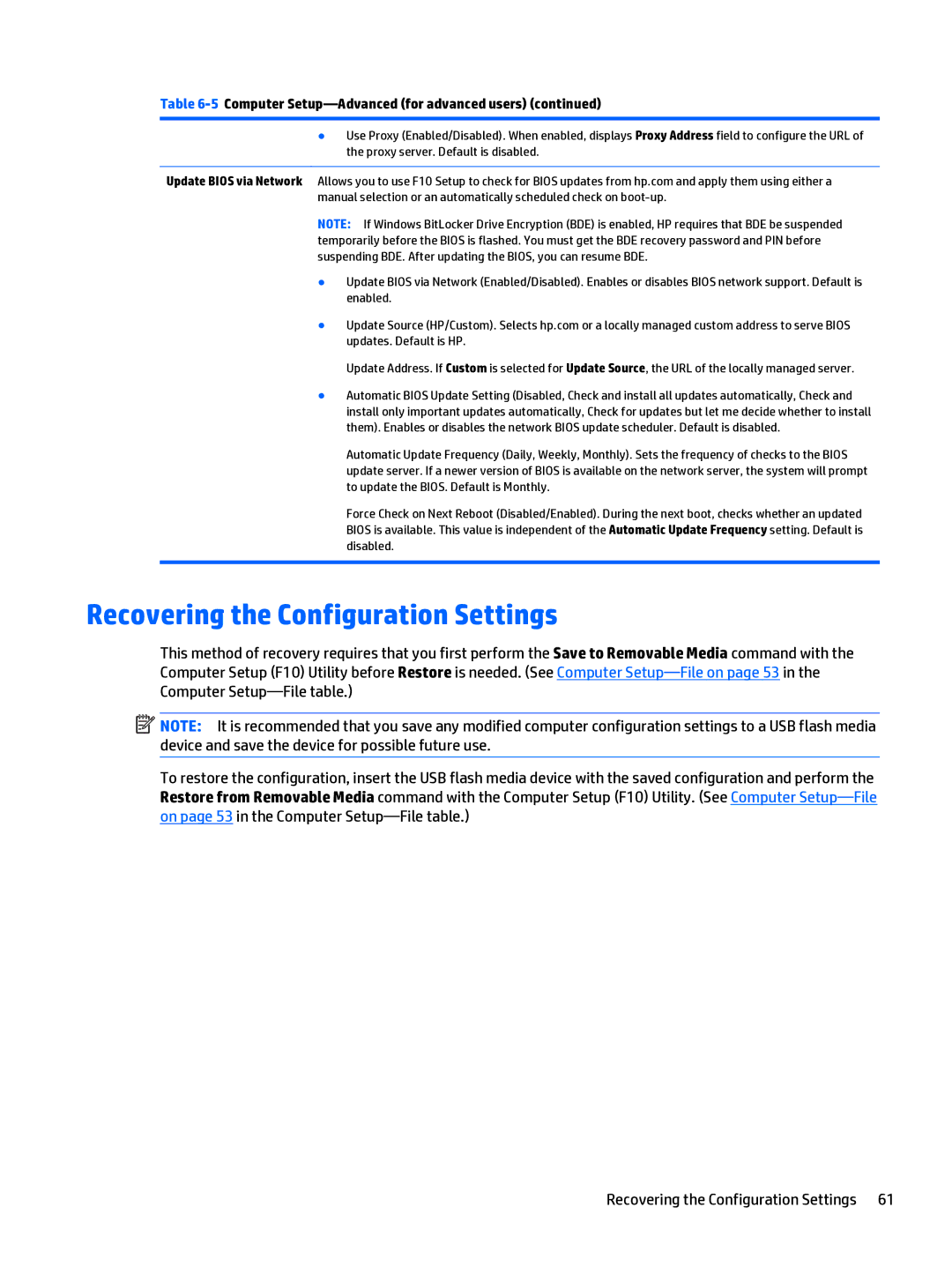 HP 280 G1 manual Recovering the Configuration Settings 