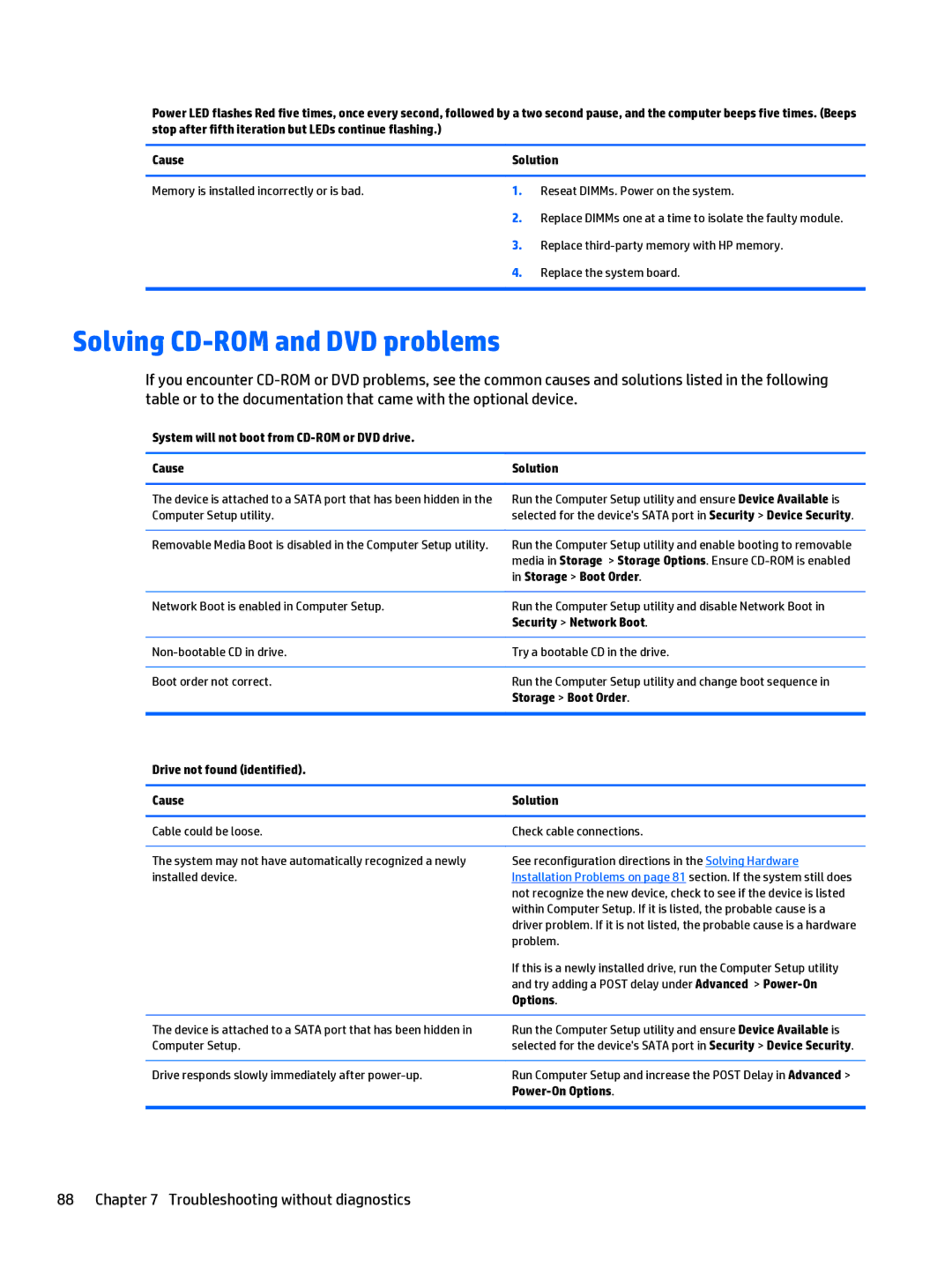 HP 280 G1 manual Solving CD-ROM and DVD problems, Computer Setup utility, Security Network Boot 