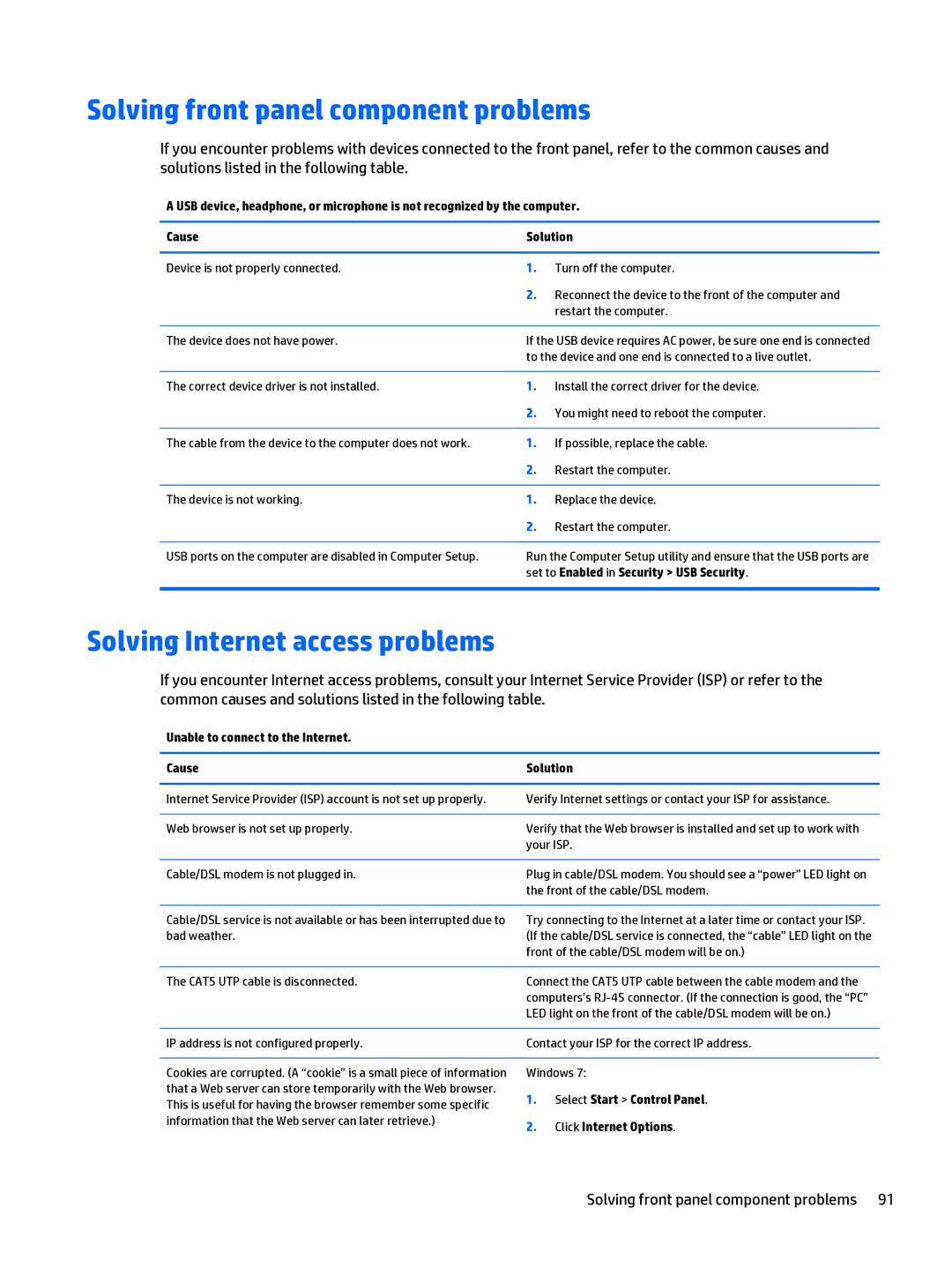 HP 280 G1 manual Solving front panel component problems, Solving Internet access problems 