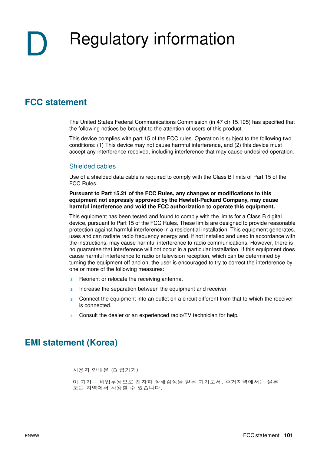 HP 2800 manual Regulatory information, FCC statement, EMI statement Korea, Shielded cables 