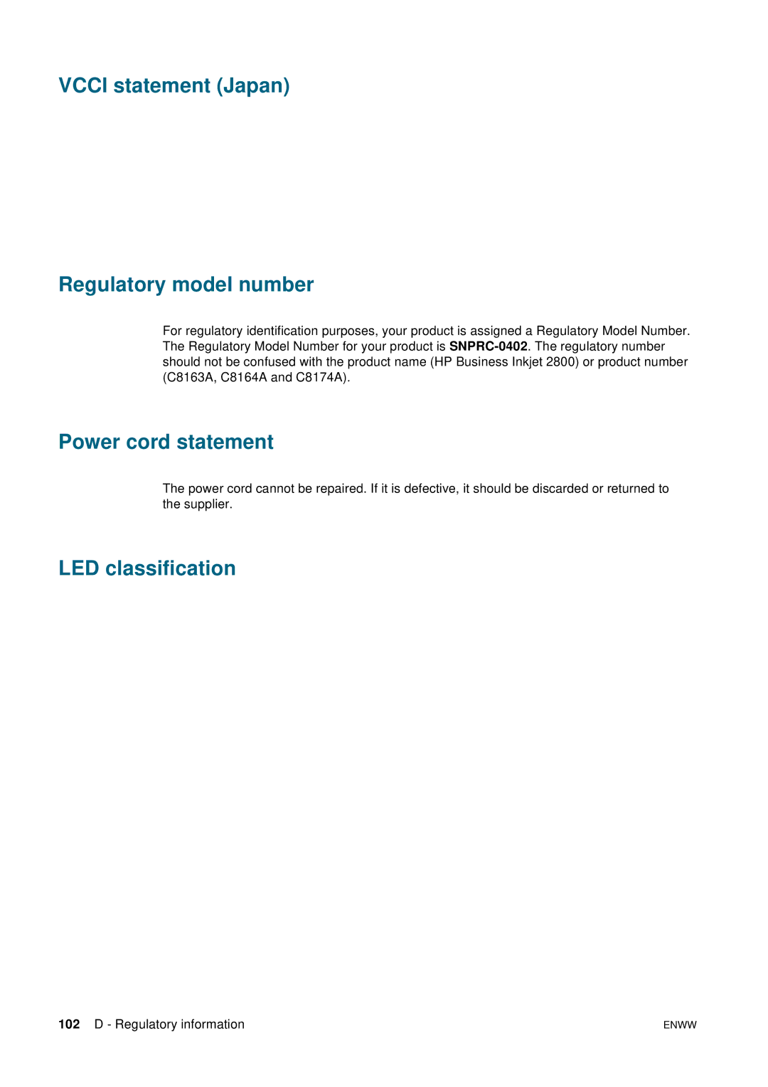 HP 2800 manual Vcci statement Japan Regulatory model number, Power cord statement, LED classification 