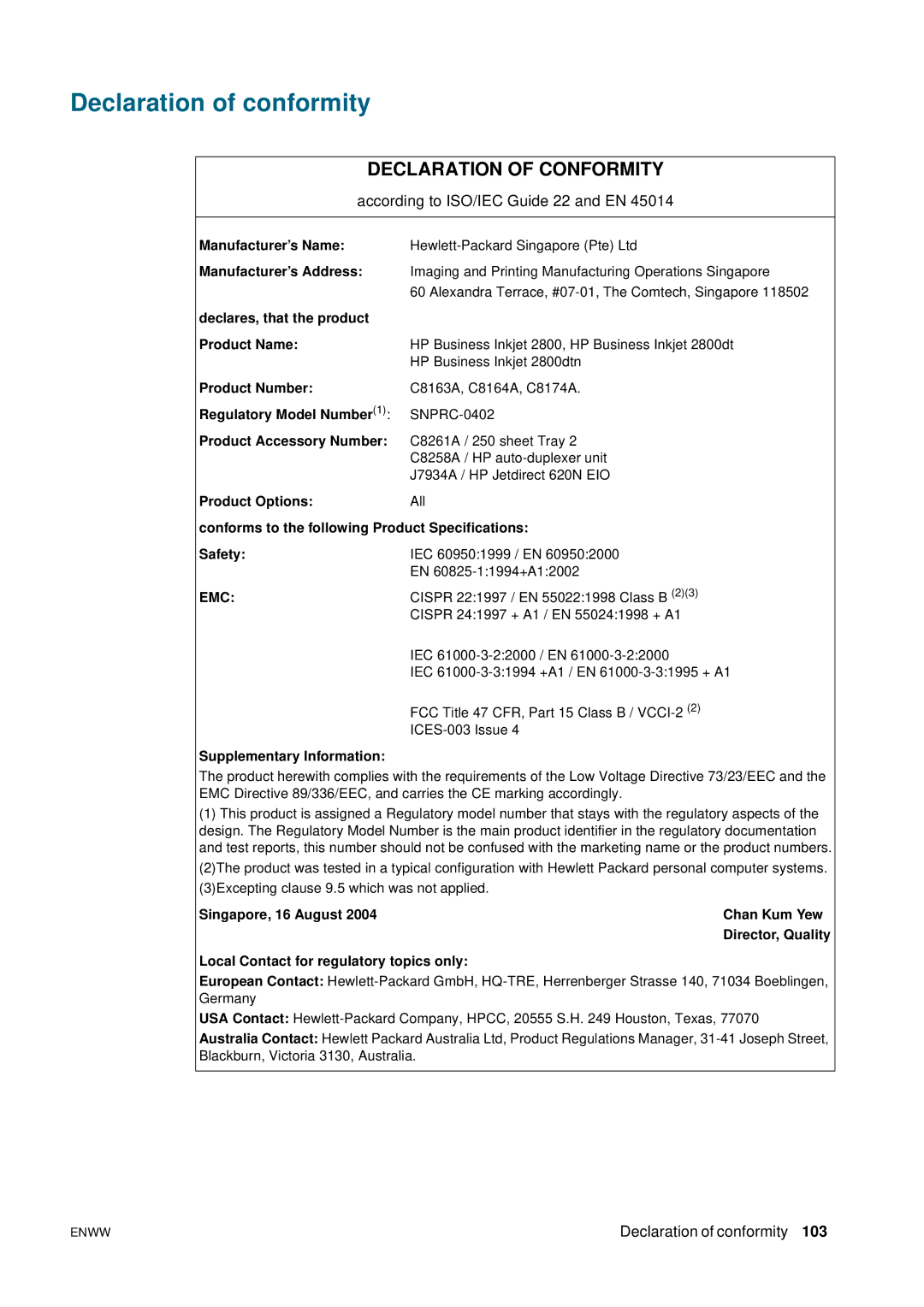 HP 2800 manual Declaration of conformity, Declaration of Conformity 