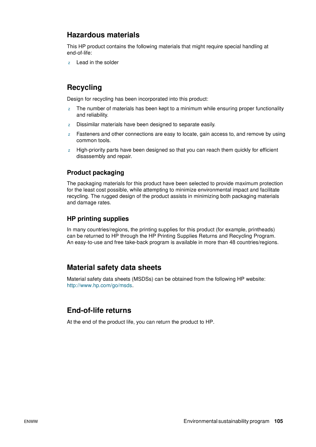 HP 2800 manual Hazardous materials, Recycling, Material safety data sheets End-of-life returns, Product packaging 