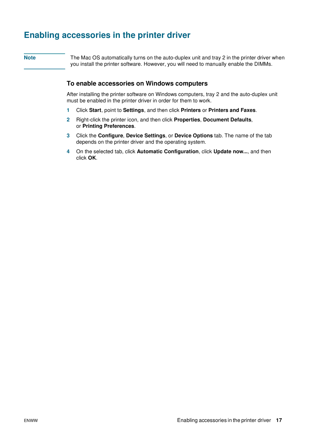 HP 2800 manual Enabling accessories in the printer driver, To enable accessories on Windows computers 