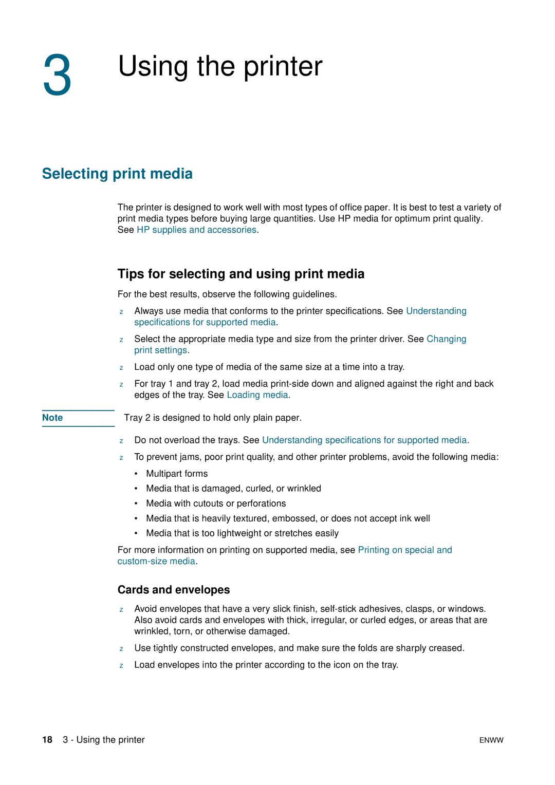 HP 2800 manual Using the printer, Selecting print media, Tips for selecting and using print media, Cards and envelopes 