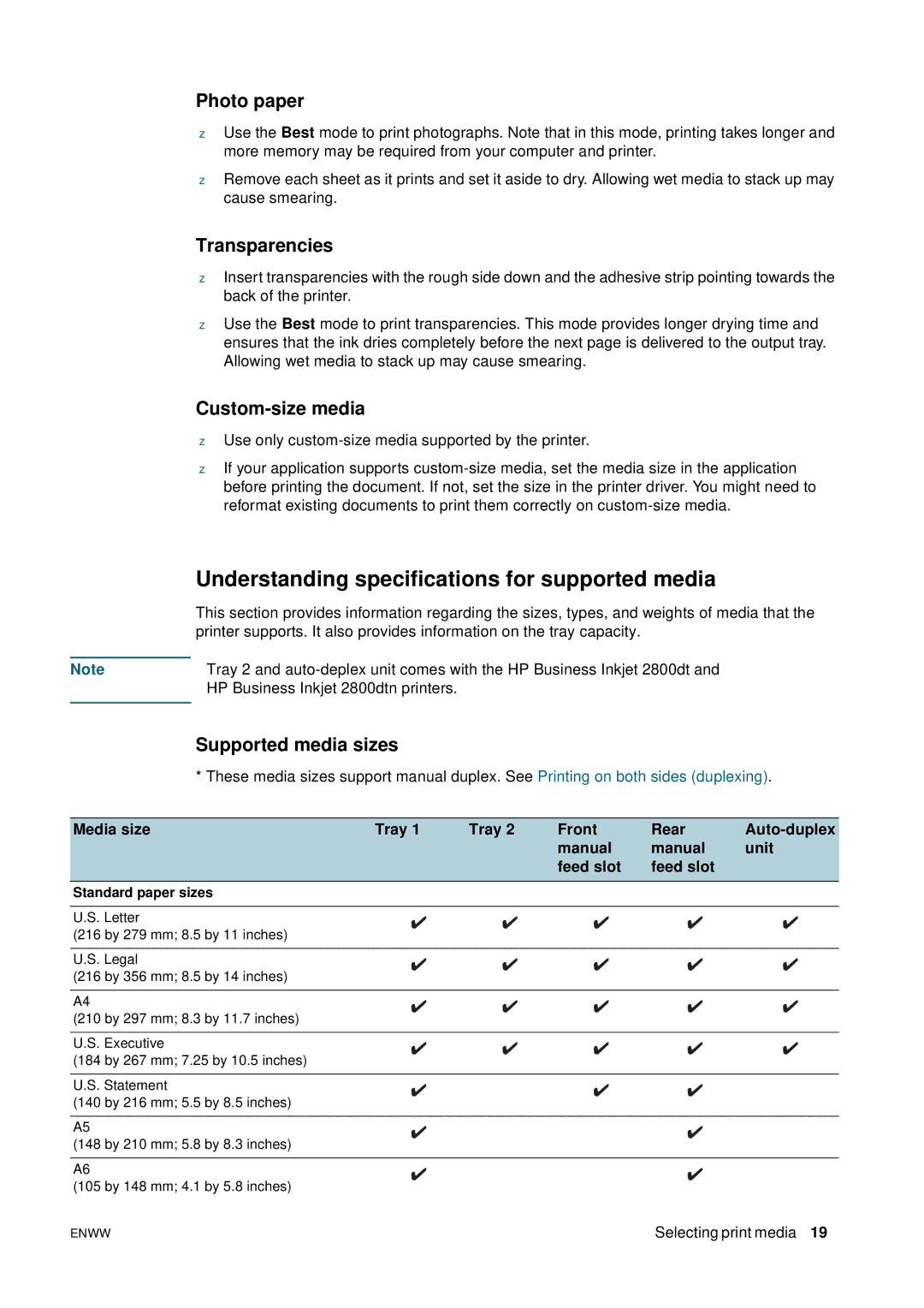 HP 2800 manual Understanding specifications for supported media, Photo paper, Transparencies, Custom-size media 