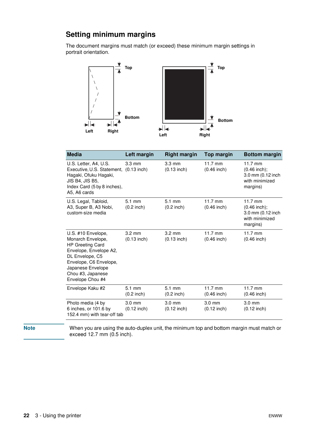 HP 2800 manual Setting minimum margins, Media Left margin Right margin Top margin Bottom margin 