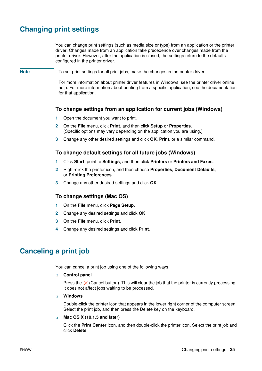 HP 2800 manual Changing print settings, Canceling a print job, To change default settings for all future jobs Windows 