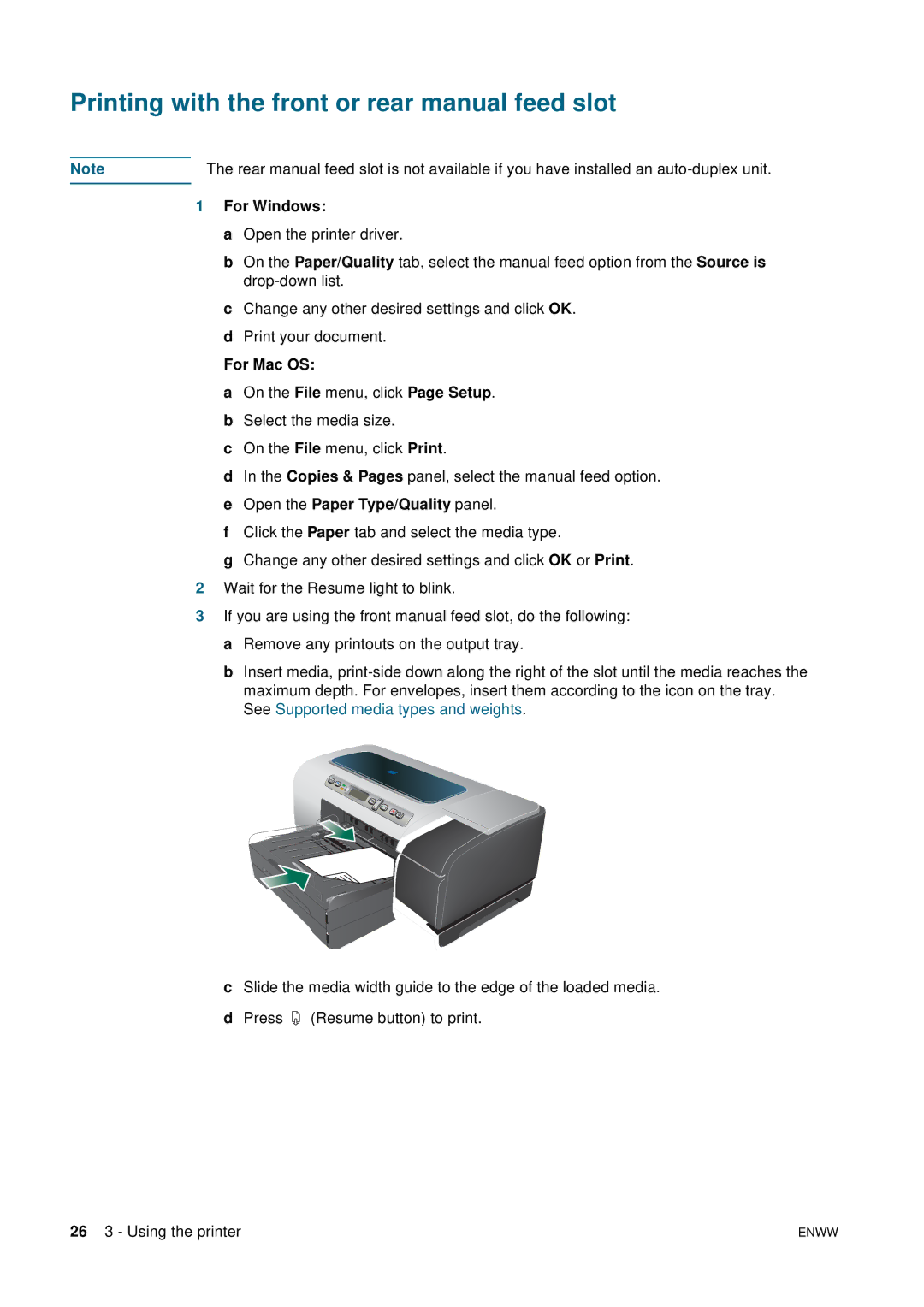 HP 2800 Printing with the front or rear manual feed slot, For Windows, For Mac OS 