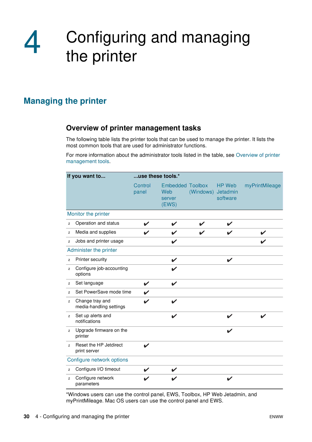 HP 2800 manual Configuring and managing, Printer, Managing the printer, Overview of printer management tasks 