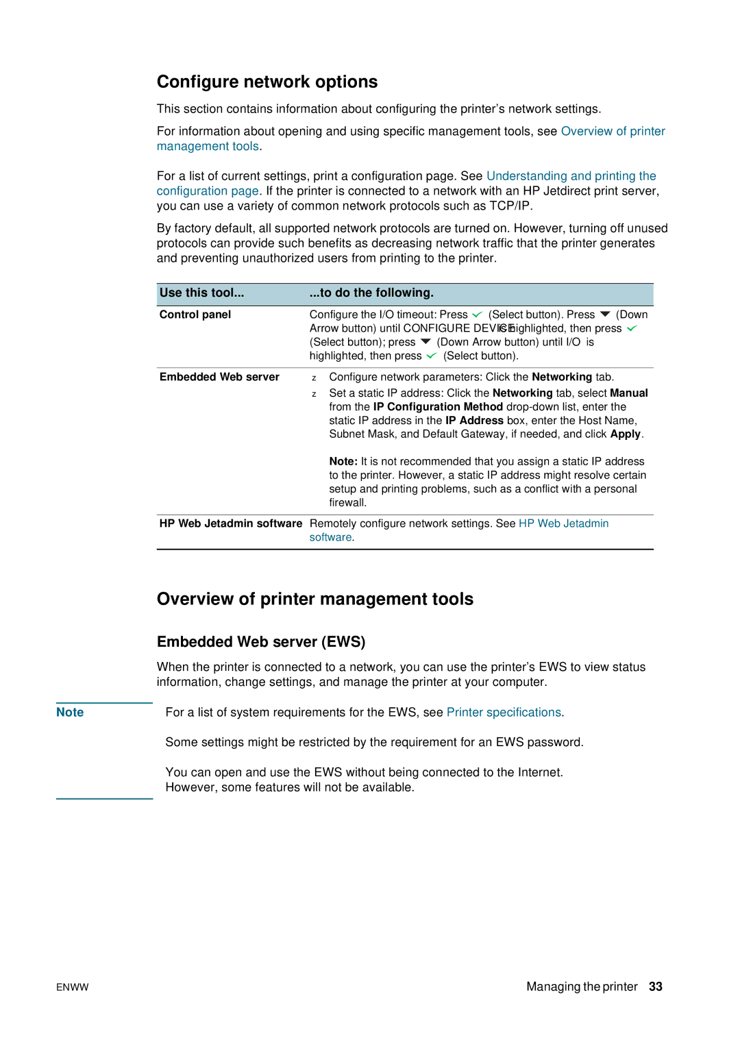 HP 2800 manual Configure network options, Overview of printer management tools, Embedded Web server EWS 