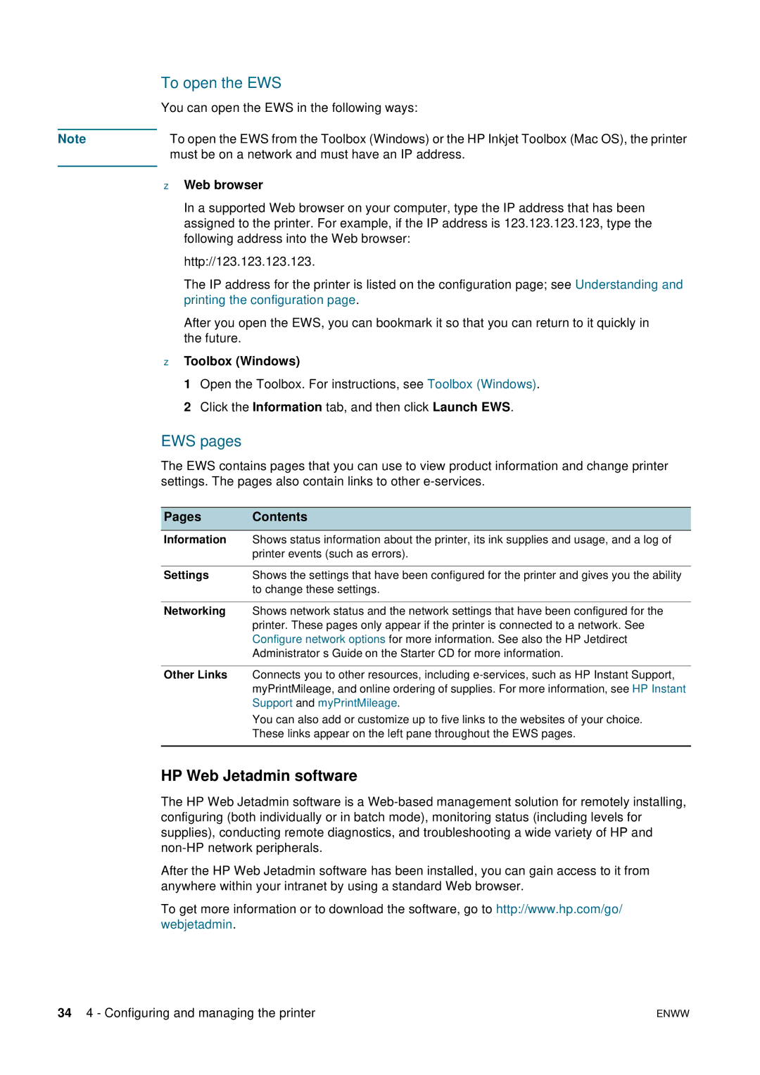 HP 2800 manual To open the EWS, EWS pages, HP Web Jetadmin software 