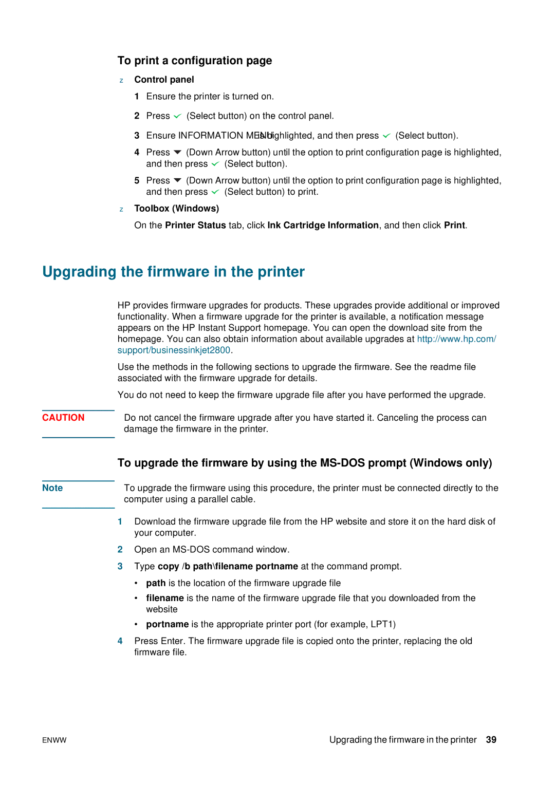 HP 2800 manual Upgrading the firmware in the printer, To print a configuration 