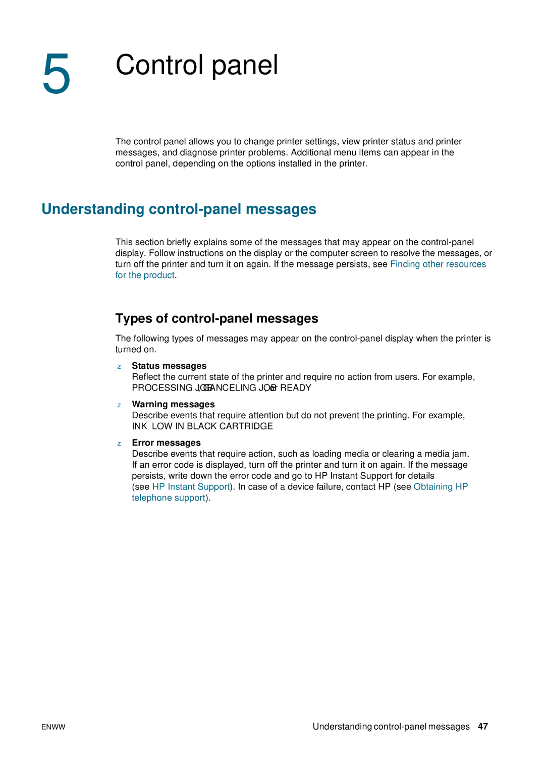 HP 2800 manual Control panel, Understanding control-panel messages, Types of control-panel messages, Status messages 