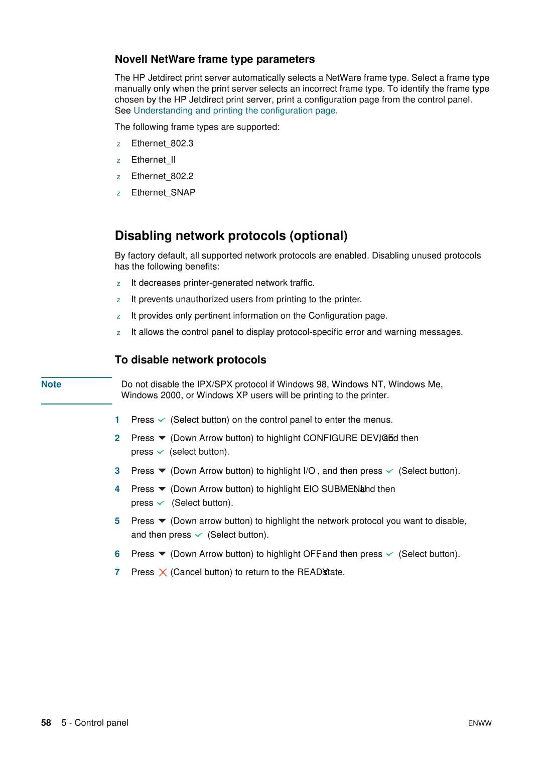 HP 2800 manual Disabling network protocols optional, Novell NetWare frame type parameters, To disable network protocols 