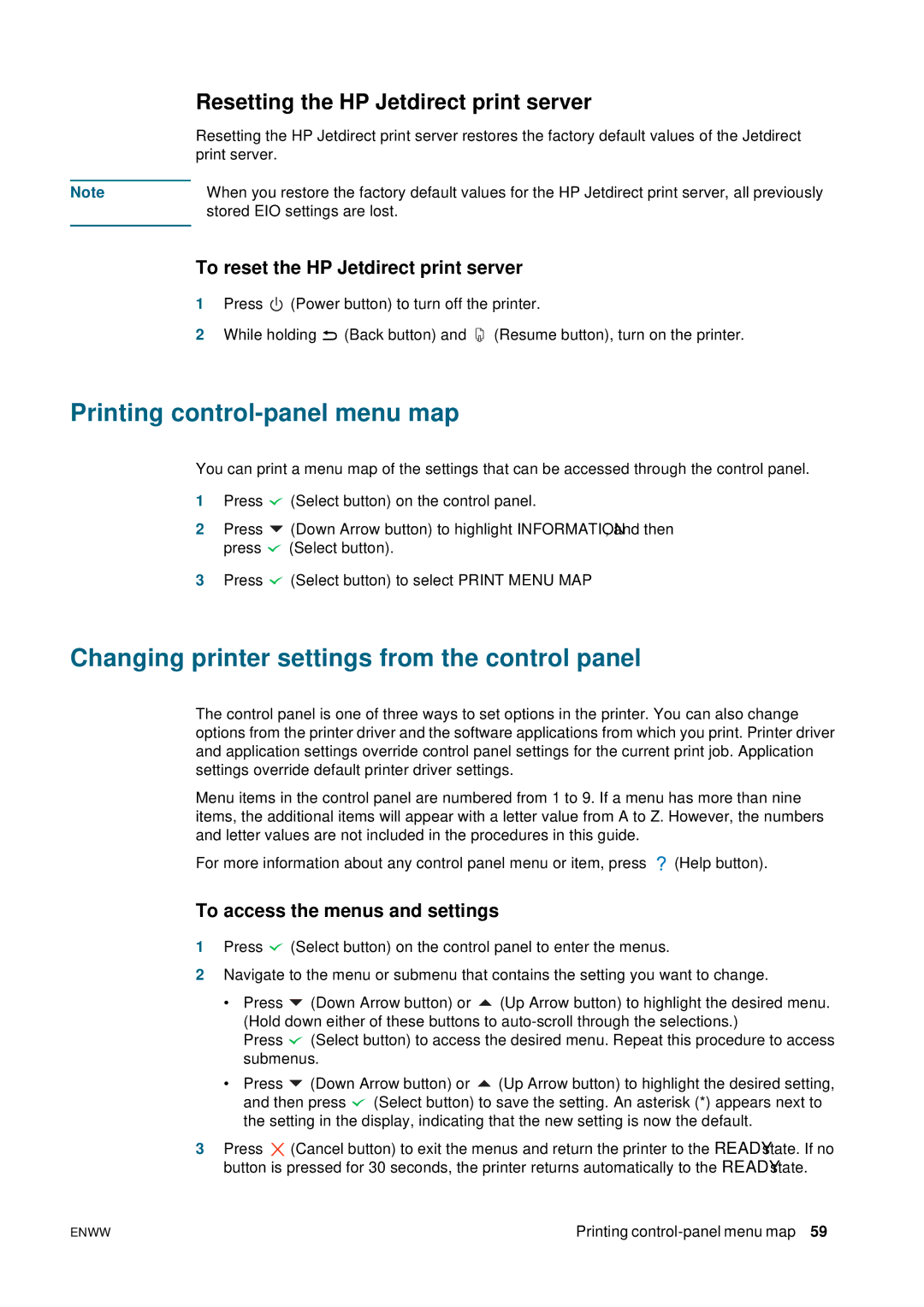 HP 2800 manual Printing control-panel menu map, Changing printer settings from the control panel 