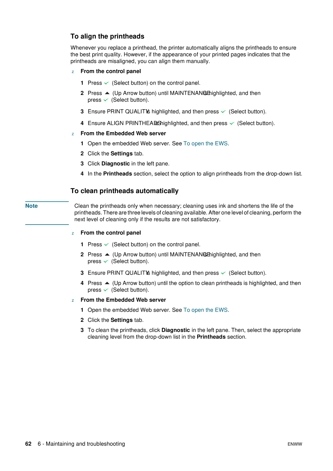 HP 2800 manual To align the printheads, To clean printheads automatically, From the control panel 